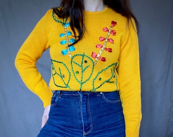 1970s yellow ribbon embroidered jumper - Size XS/S