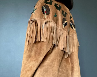 1990s fringed brown suede western jacket with appliqués // Size M-L