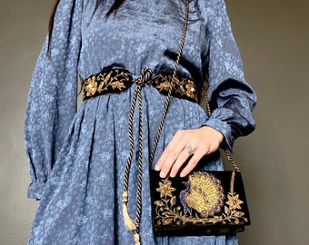 1980s blue jacquard dress // Size S-M