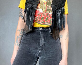 1990s fringed leather rose inlay vest // Size S-M