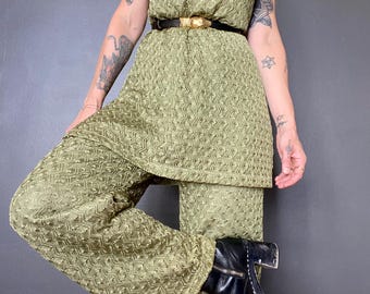 1970s Green knit tunic and pants set // Size M