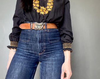 1970s Black Hungarian embroidered peasant blouse // Size XS-S