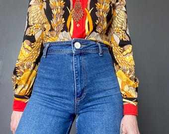1970s Floral Jersey Masters blouse // Size XS-S