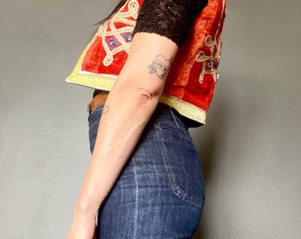 1970s Orange velvet ottoman embroidered vest // Size XS-S