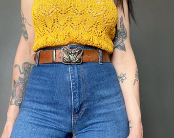 1970s bright sunflower yellow knit top // Size S