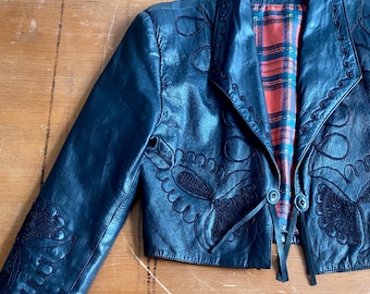 1980s embroidered leather western jacket // Size M-L