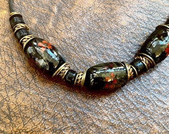 1970s brass & black ceramic bead necklace