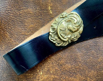 1980s black wide leather belt with large floral buckle // Size M-XL