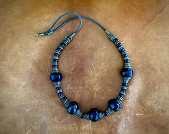 1970s brass & black ceramic bead necklace