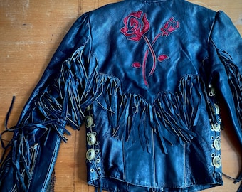 ON HOLD!! 1970s fringed leather rose inlay biker jacket // Size xxs-xs