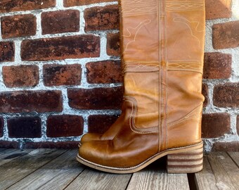 1970s style stitched brown leather campus boots  - size 38 Euro / 8 US