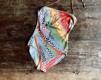 1980s Abstract print swimsuit // Size S-M