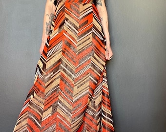 1970s Brown, orange & gold lurex maxi skirt // Size S-M