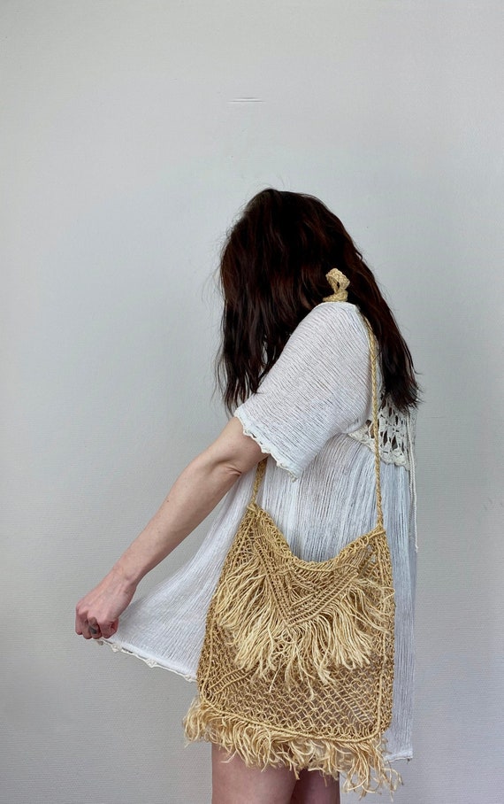 1970s macrame sisal bag.