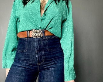1980s green jacquard silk mix blouse // Size S
