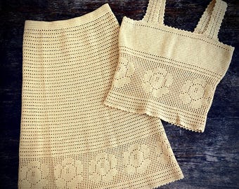 1970s yellow crochet skirt & top set // Size XS