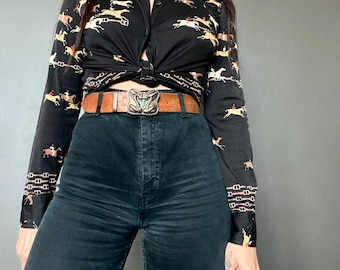 1970s black horse motif PAUL PAREL blouse // Size XS-S