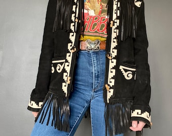 1970s fringed black suede western jacket with appliqué // Size XS-S