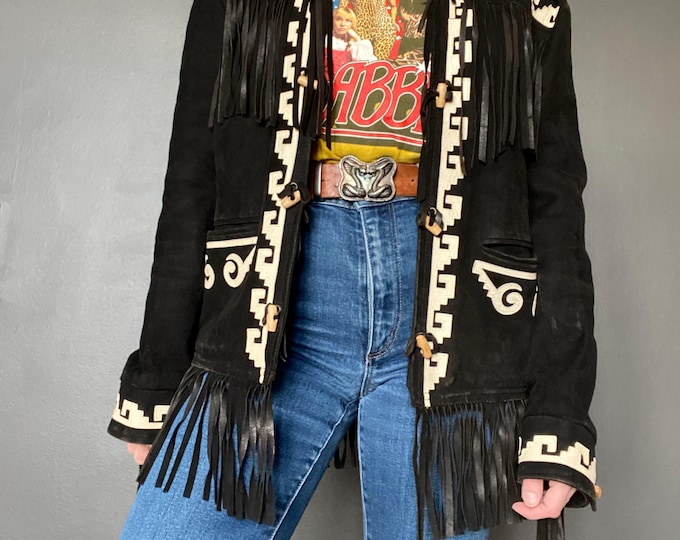 Featured listing image: 1970s fringed black suede western jacket with appliqué // Size XS-S