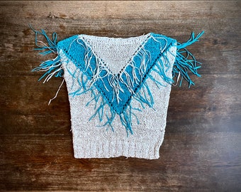 1970s Grey & Turquoise fringed suede knit blouse- Size S/M