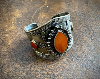 1970s handmade bracelet cuff with stone inserts