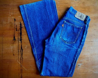 1990s RARE Levi's 522 orange tab denim flared jeans // Size XXS - XS