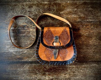 1970s tooled leather satchel bag.