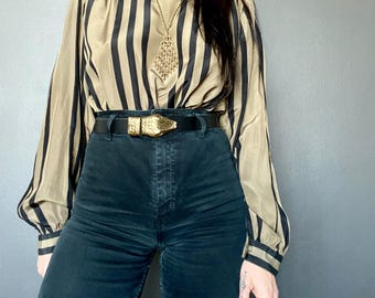 1970s beige gray & black striped blouse // Size M-L