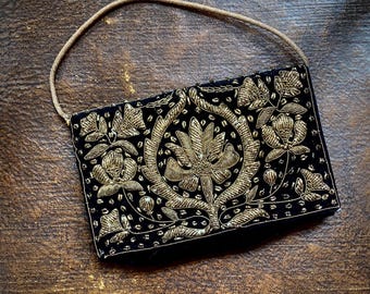 1970s Zardosi black velvet gold metallic embellished purse.
