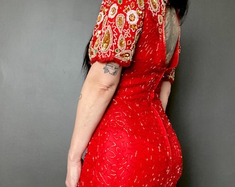 1980s Red sequined & beaded silk dress // Size S