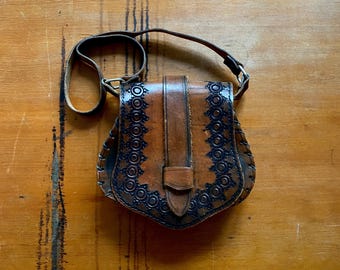 1970s tooled leather satchel bag.