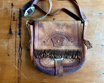 1970s tooled leather satchel bag.