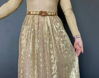 1960s gold lurex & peach silk brocade hostess dress // Size XXS-XS