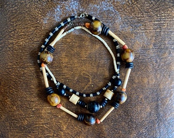 1970s set of three brass, marble amber & black ceramic bead necklace