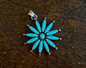 1970s Zuni turquoise & silver flower pendant.