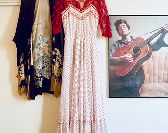 1970s western lace & polka dot prairie dress - Size S