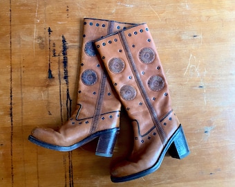 1970s brown tall tooled leather boots  // size 38 Eu - 7.5 US