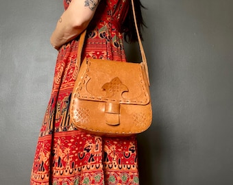 1970s tooled leather satchel bag.