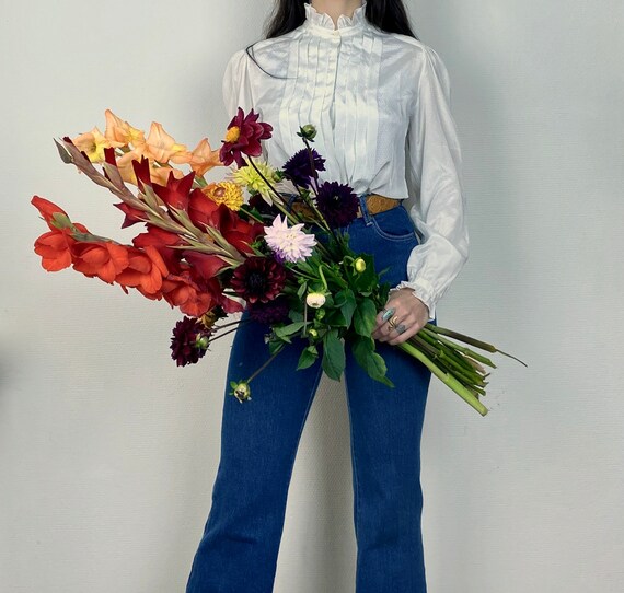 1970s white ruffle collar blouse - Size XS S