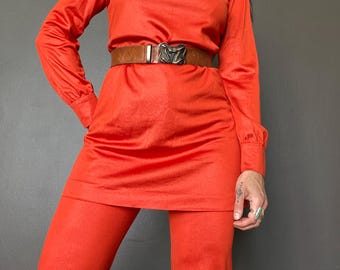 1970s orange red tunic and pants set // Size S-M