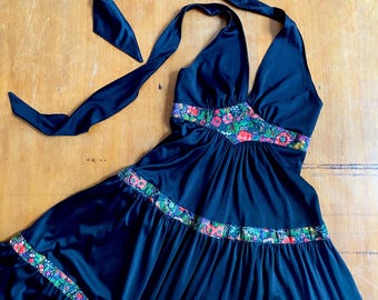 1970s Radley of London black halter neck maxi dress // Size XS