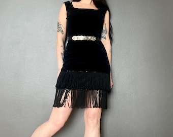 1970s black fringed velvet dress // Size XS