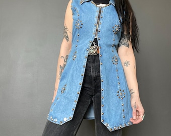 1990s studded denim dress vest // Size M-L