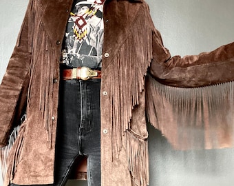 1970s fringed brown suede western jacket // Size XS-S