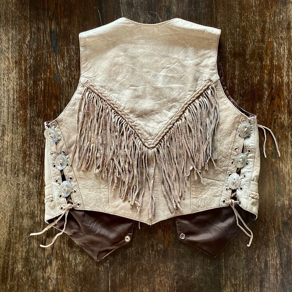 1980s Tan fringed leather vest - Size M / L