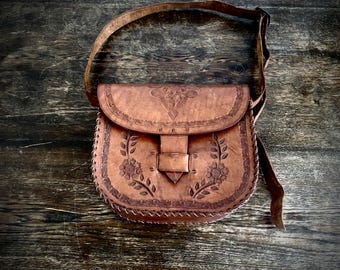 1970s tooled leather satchel bag.