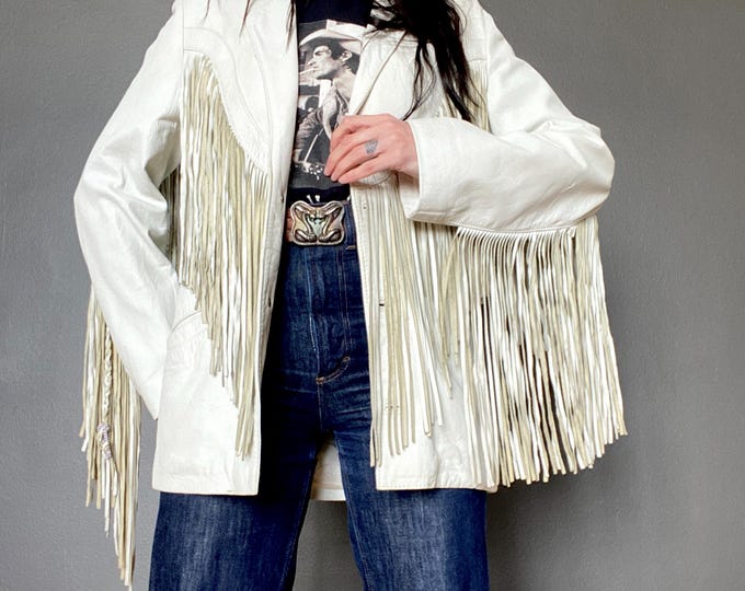 Featured listing image: 1990s White leather fringed western jacket // Size S