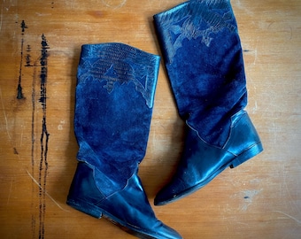 1980s black-blue suede & leather patchwork boots // size 36 Euro - 5.5 US