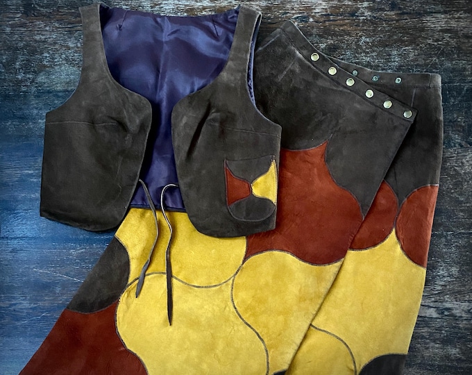 Featured listing image: 1970s hand tailored brown & yellow patchwork suede vest and skirt // Size S
