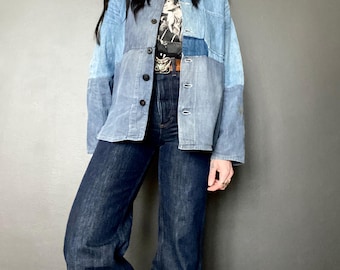 1970s Blue denim patchwork worker chore jacket  // Size S
